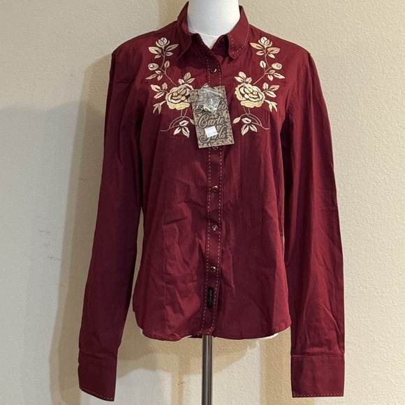 Rodeo Carte Tops - Rodeo Carte Womens Western Shirt M NWT Embroidered Roses Pearl Snap Burgundy
